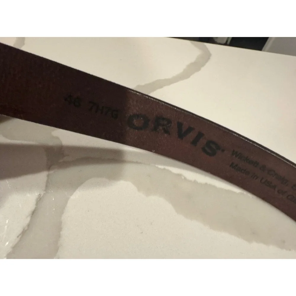 Orvis Wickett & Craig Leather Belt Mens 46 Burgundy‎ Brown Brass Buckle USA Made